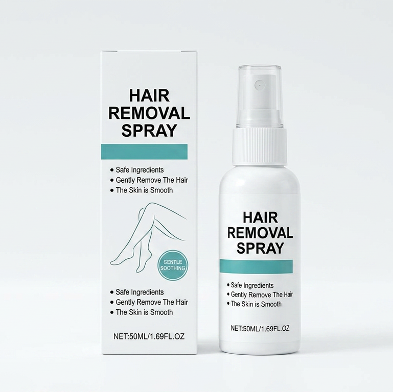 Hair removal spray bottle and packaging on a white background